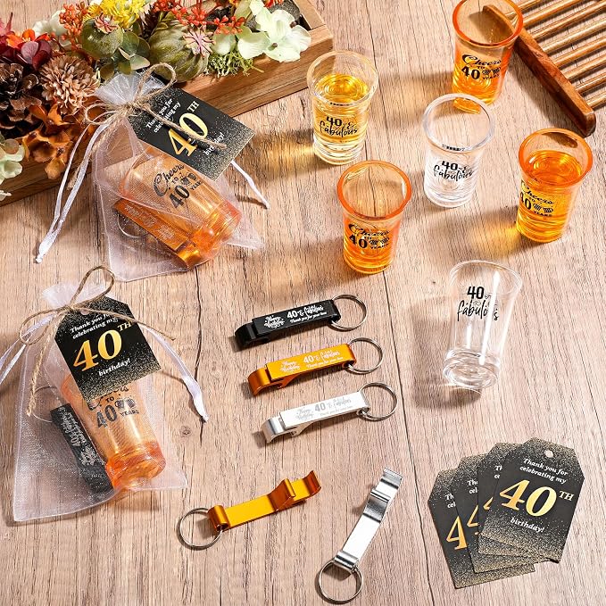 Domensi 50 Sets 40th Birthday Party for Guests Bulk Include Cheers to 40 Short Glasses Beer Bottle Opener Keychains Thank You Cards with Gift Bags and Ropes for Birthday Party Gifts