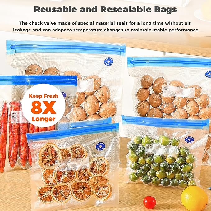 LAUDTEC 2-in-1 Handheld Vacuum Sealer for Food Storage Bags and Mason Jars (Vacuum Sealer + 10 Reusable Storage Bags + 4 Reusable Wide Mouth Jar Lids)