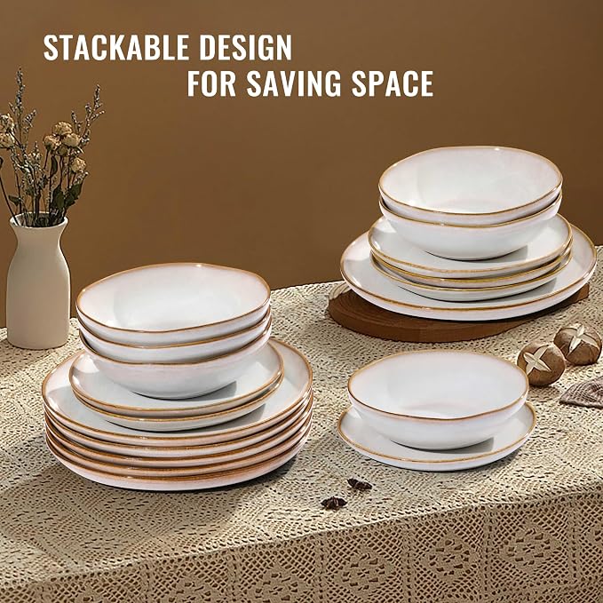 Herogo 24Pcs Plates and Bowls Dinner Set, Stoneware Dinnerware Dishes Sets for 8, Ceramic Dishware Tableware Includes Dinner Salad Plates, Soup Bowls, Microwave & Dishwasher Safe, Pearl White