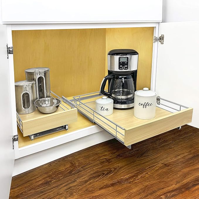 LYNK PROFESSIONAL® SELECT™ Slide Out Cabinet Organizer Pull Out Drawer, 14" x 21" Pull Out Cabinet Organizer – Pull Out Shelves for Kitchen Cabinets – Roll Out - Lifetime Ltd. Warranty, Wood Chrome
