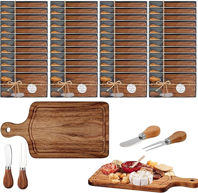 Ziliny 100 Set Bridal Baby Shower Cheese Prizes Wooden Square Board Gift Set Knives Forks Thank You Tag with Box for Guests for Valentines Bridal Baby Shower Housewarming (Acacia Color) (Acacia Color)