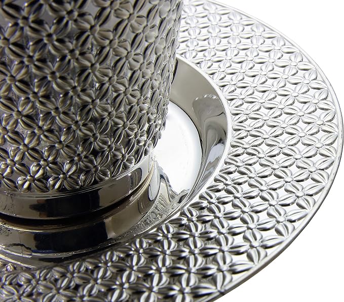 Exquisite 5.5 oz Disposable Plastic Kiddush Cup and Tatz Silver Cup and Saucer Set for Passover, Shabbat, Wedding, Brit and Year Round -10 Count - 5 Sets