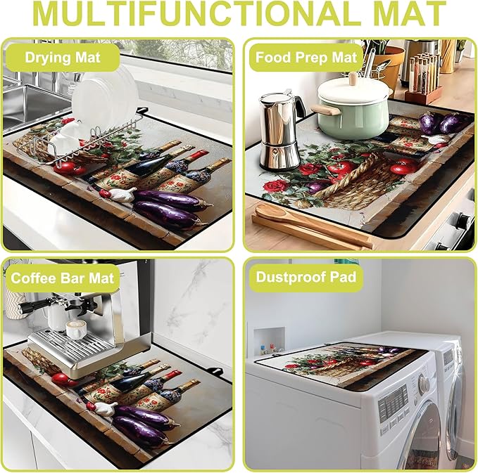 Glass Stove top Cover 28"x 20", Stove Top Covers for Electric Stove, Flat Range Mat for Glass Cooktop, Kitchen Heat-Resistant Protector Non-Slip Drying Mat (Foods and Wine Bottles)