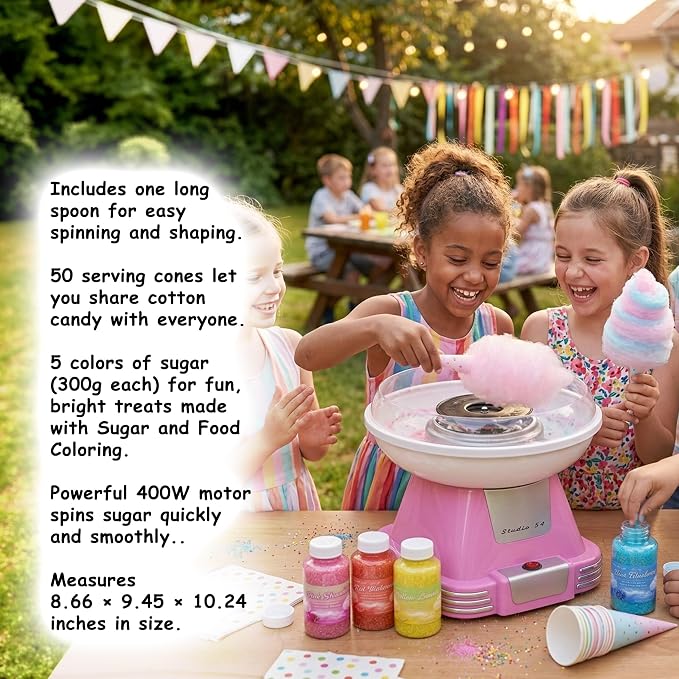 Retro Cotton Candy Machine with 5 Jars (11oz Each) Floss Sugar, 50 Paper Cones, Easy Cleanup Cotton Candy Maker, Durable Retro Design, Makes 20–30 Servings per Jar, BPA & Lead Free