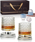 CEEFU Old Fashioned Whiskey Glasses with 360° Rotating Base, Set of 2 (2 Crystal Glasses Set, 2 Big Ice Ball Molds) In Gift Box - Bourbon, Cocktail, Rocks, Bday Gifts Ideas for Men, Snowflake Pattern