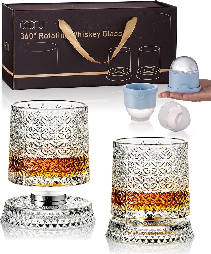 CEEFU Old Fashioned Whiskey Glasses with 360° Rotating Base, Set of 2 (2 Crystal Glasses Set, 2 Big Ice Ball Molds) In Gift Box - Bourbon, Cocktail, Rocks, Bday Gifts Ideas for Men, Snowflake Pattern