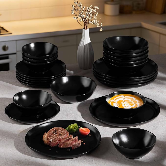 Herogo Stoneware Dinnerware Sets for 8, 24 Piece Ceramic Dinner Dishes Set, Irregular Handmade Plates and Bowls Dishware, Crack and Scratch Resistant, Reactive Glaze, Matte Black