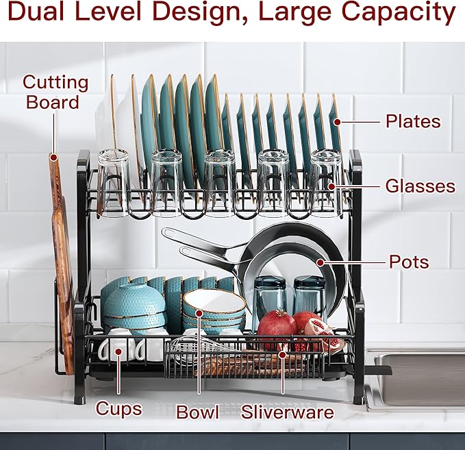 2 Tier Black Dish Drainer Drying Rack for Kitchen Counter, Large Stainless Steel Dishes Dryer with Drainboard, Space Saving, Big Rustproof Metal Modern Countertop Plates Strainer with Utensil Holder