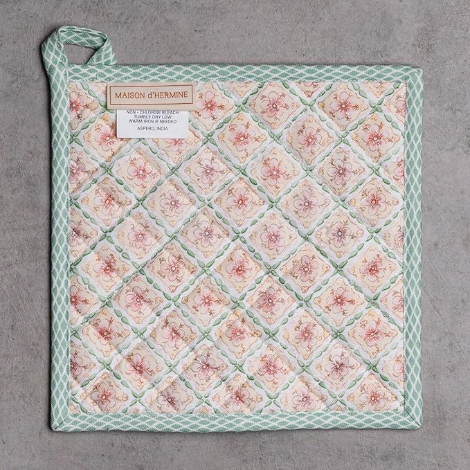 Maison d' Hermine Pot Holders 100% Cotton Heat Resistant Potholders 8" x 8" Hot Pads with Loop BBQ Cooking Baking Gifts for Mothers Day Handling Hot Pans Spring/Summer (Pack of 2, Easter Dew)