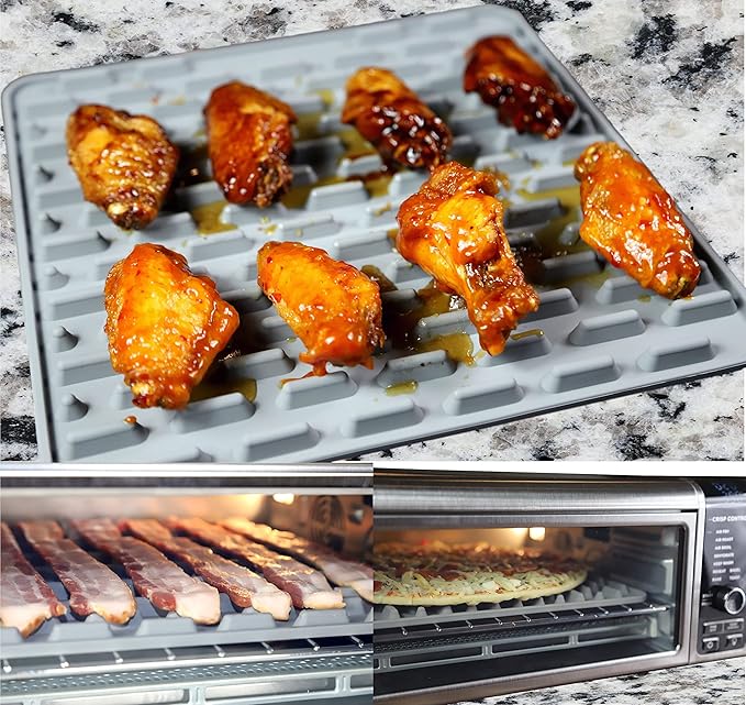 Silicone Roasting Mat and Silicone Baking Mat Combo for Air Fryer Oven - Set of 3 Food Safe, Non-Stick Baking Mat and Silicone Roasting Racks with Bonus Non-Stick Oven Liner