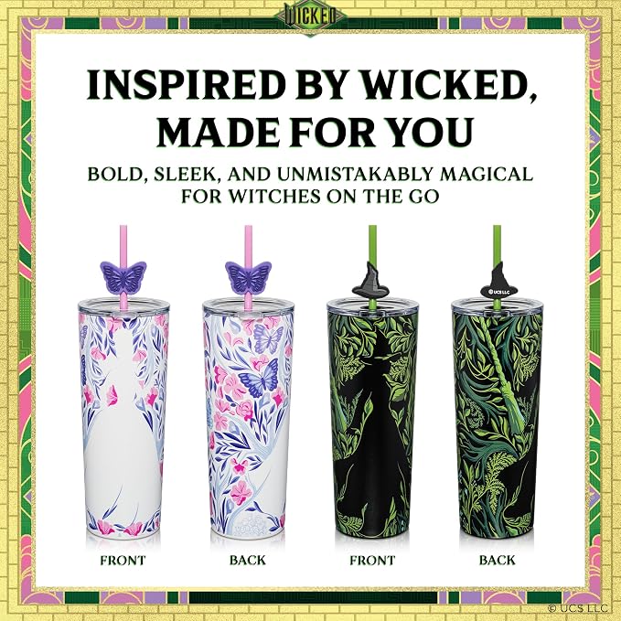 Dragon Glassware x Wicked: For Good 2-Pack 24 oz Vacuum Insulated Tumbler with Lid and Straw - Set of 2 Tumblers with 4 Straws and Toppers - Official Wicked Merch - Shadows