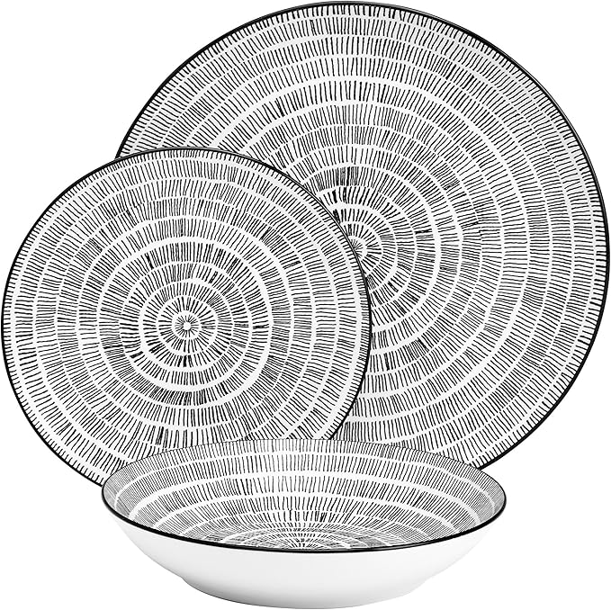 Pfaltzgraff Sketch Serenade Geometric 12 Piece Plates Bowls Dinnerware Set, Black and White