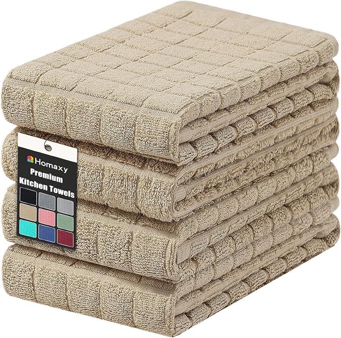 Homaxy Premium Cotton Kitchen Towels 16"x 28", Large Natural Ring Spun 390 GSM Dish Towels, Super Absorbent Terry Kitchen Hand Towels, Soft Tea Towels with Hanging Loop, Pure Tan Check Design, 4 Pack
