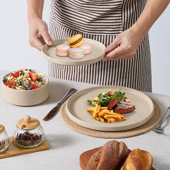 E-far 6-Piece Stoneware Dinnerware Sets, Plates and Bowls Set for 2, Kitchen Modern Dishes Set for Everyday & Formal, Chip and Scratch Resistant, Microwave & Dishwasher Safe, Speckled Khaki
