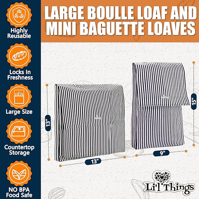 Sourdough Bread Bag – Reusable Beeswax Bread Storage Bags 2.0 (2 Sizes) for Homemade & Artisan Loaves, Cotton-Lined Bread Keeper, Plastic-Free Kitchen Storage – Stripey Black