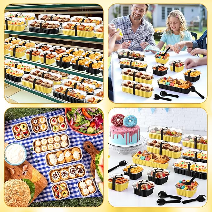 LemonRoad 240 Pcs Mini Loaf Pan with Lids and Spoons 6.8oz Rectangular Aluminum Foil Bread Pan 5oz Square Cake Cup with Decal Disposable Baking Supply for Graduate Wedding Birthday (Black,Gold)