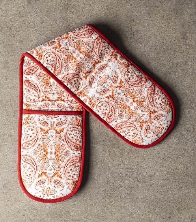 Maison d' Hermine Double Oven Mitt (7" x 35") 100% Cotton Heat Resistant BBQ Cooking Gloves with Loop for Thanksgiving Christmas Decorations Baking Cooking Barbeque Handling Hot Pan (Orient)