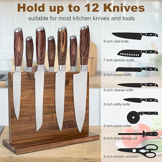 Magnetic Knife Holder,Double Sided Magnetic Knife Block for Kitchen Counter,Acacia Wood Strong Magnet Knife strip