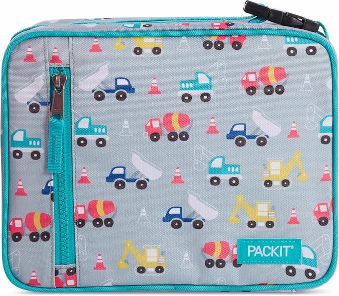 PackIt Freezable Classic Lunch Box, Construction Trucks, Built with EcoFreeze Technology, Collapsible, Reusable, Zip Closure With Zip Front Pocket and Buckle Handle, Designed for Fresh Lunch On the Go