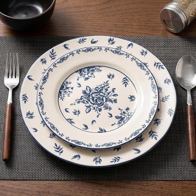 12-Piece Vintage Blue Floral Ceramic Dinnerware Set, Service for 4, Microwave & Oven Safe Plates and Bowls, Porcelain Dish Set for Daily Use