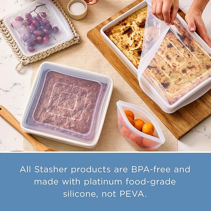 Stasher Reusable Silicone Stretch Lid for Casseroles, Sheet Pans, Baking Dishes–Square Replacement Lid, 8”x8”, Stretchable, Leak-Free, Microwave Safe, Dishwasher Safe, Food Cover, Eco-Friendly, Clear