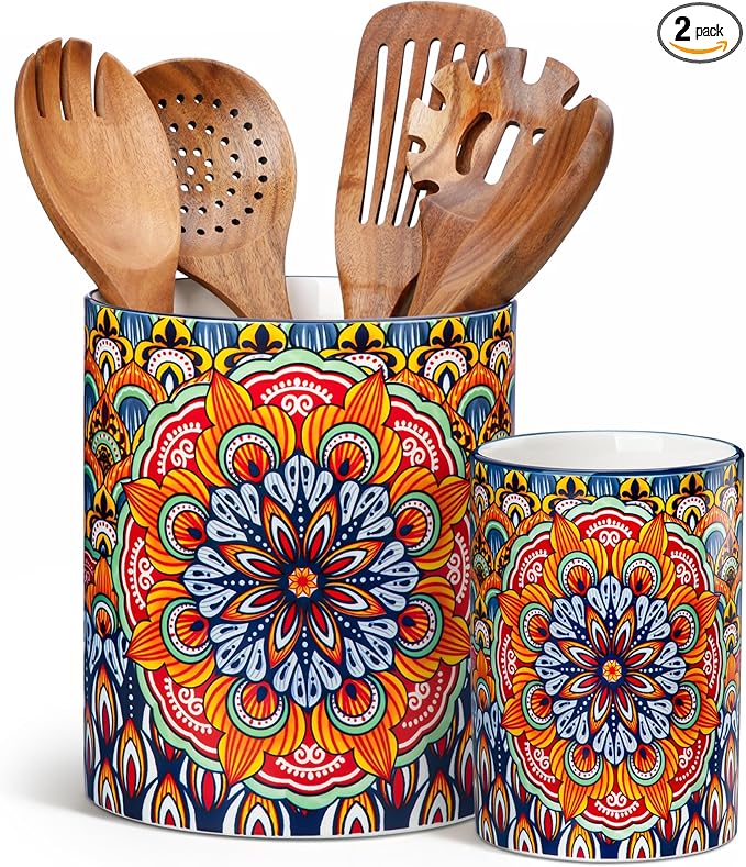 vancasso SIMI Utensil Holder, 7.3"+5.5" Porcelain Kitchen Utensil Holder for Countertop, Bohemian Kitchen Utensil Organizer for Spatulas, Spoons, Ladles, Decorative Counter Utensil Crock, Regal Bloom