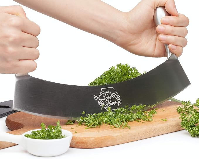 The Bold Bee's Most Popular 12" Mezzaluna Knife & Cover + FREE Stainless Steel Soap Odor Remover Neutralizer | Pizza Cutter | Fruit, Vegetable & Salad Chopper & Dicer | Herb Mincer