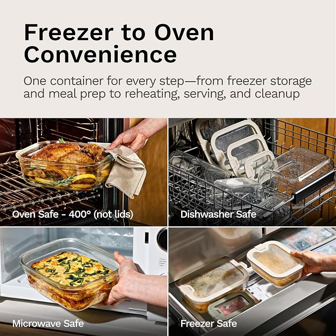 Naked Kitchen 8-Piece Food Storage Containers with Lids – Nesting Borosilicate Glass Meal Prep Containers with Leak-Proof Airtight Seal – BPA Free, Microwave, Oven, Freezer & Dishwasher Safe – Cream