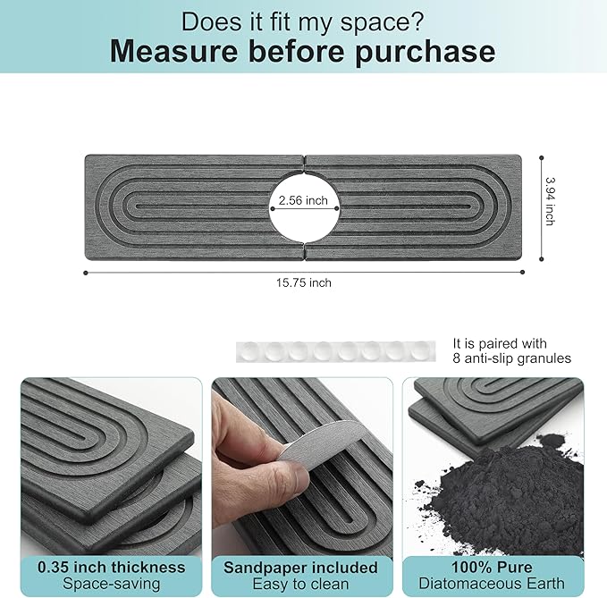 Faucet Mat for Kitchen Sink, Diatomite Fast Drying Stone Sink Tray, Super Absorbent, Prevents Moisture Buildup - Faucet Splash Guard for Bathroom Counter, Kitchen [Dark Grey, 15.8" x 3.9"]