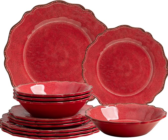 LEHAHA Luxury 12 Piece 100% Melamine Dinnerware Sets, Rustic Scalloped rim Bowls and Dinner/Dessert Plates set, Spring Camping dishes indoor and outdoor use, Service for 4, Christmas Red