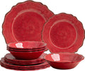 LEHAHA Luxury 12 Piece 100% Melamine Dinnerware Sets, Rustic Scalloped rim Bowls and Dinner/Dessert Plates set, Spring Camping dishes indoor and outdoor use, Service for 4, Christmas Red