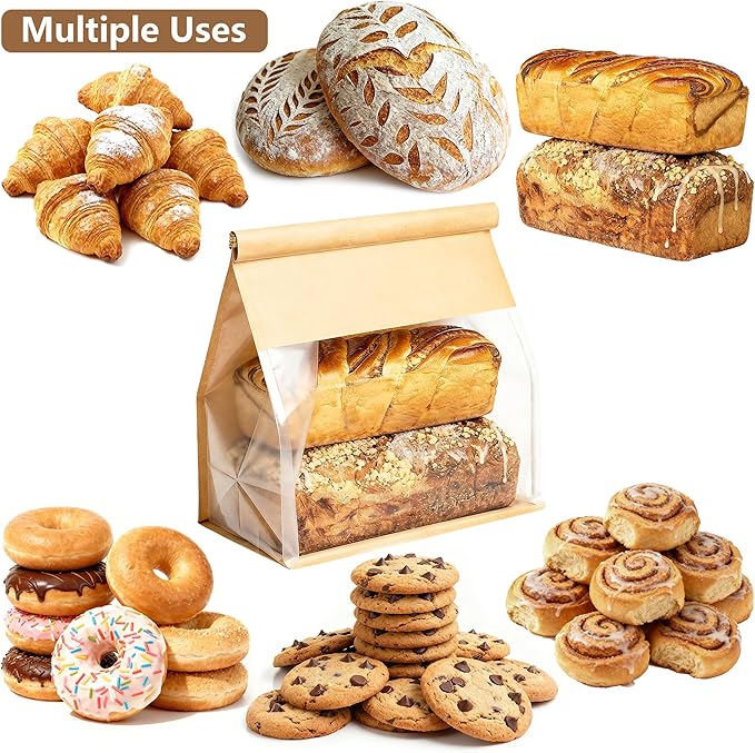 50 Pack Extra Large Paper Bread Bags for Homemade Bread Sourdough Bags, 13.7x10.6x5.5 Inches Resealable Tin Tie Tab Lock Bakery Loaf Bag with Window, Baked Goods Packaging for Gifting and Bake Sale