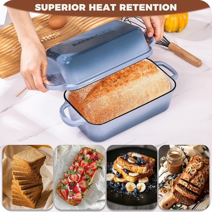 Cast Iron Bread Loaf Pan with Lid, Enameled 9x5 Loaf Pans for Baking Bread, Set of 2 for Homemade Bread & Sourdough, Sea Salt