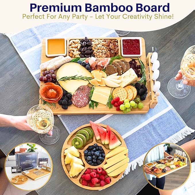 Large Charcuterie Boards Set: Bamboo Cheese Board and Knife Set- Unique for Mom 10 Entertaining Accessories, Christmas and Wedding Gifts for Couple, House Warming New Home