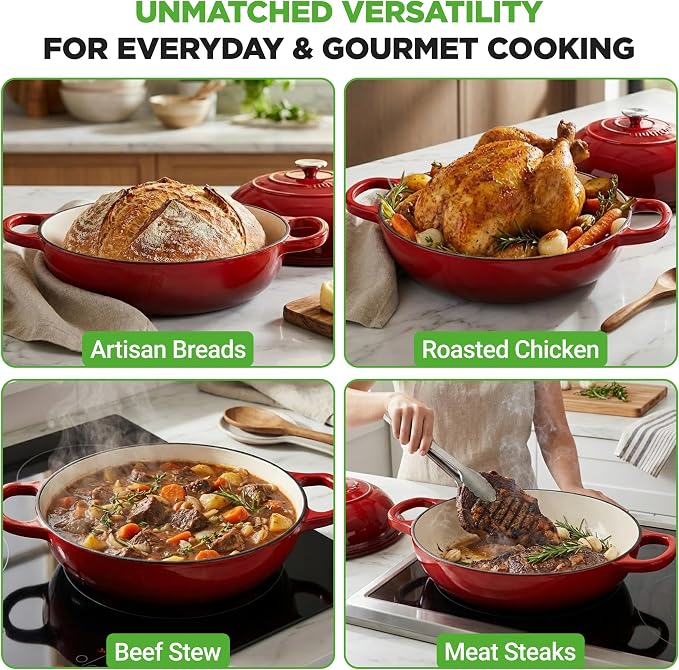 NutriChef 10.2" Enameled Cast Iron Bread Oven, Dome-Shaped Sourdough Baking Pan with Handles & Silicone Gloves, Oven-Safe to 500°F, Dishwasher Safe Dutch Oven Bread Pan (Red)