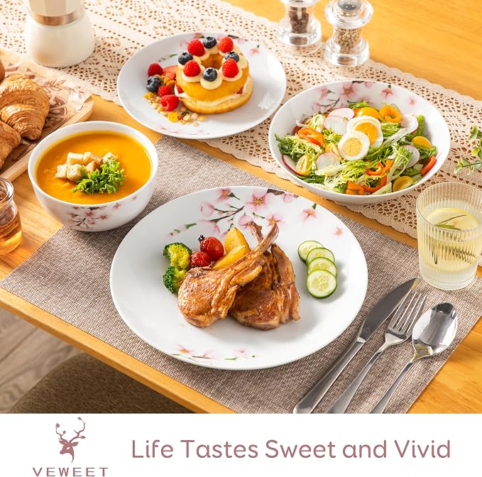 VEWEET Dinnerware Sets for 6, 24 Pieces Porcelain Plates and Bowls Set with Pink Floral, Classic Dishes Set Dining Ware for Dinner, Microwave Dishwasher Safe, Series ANNIE