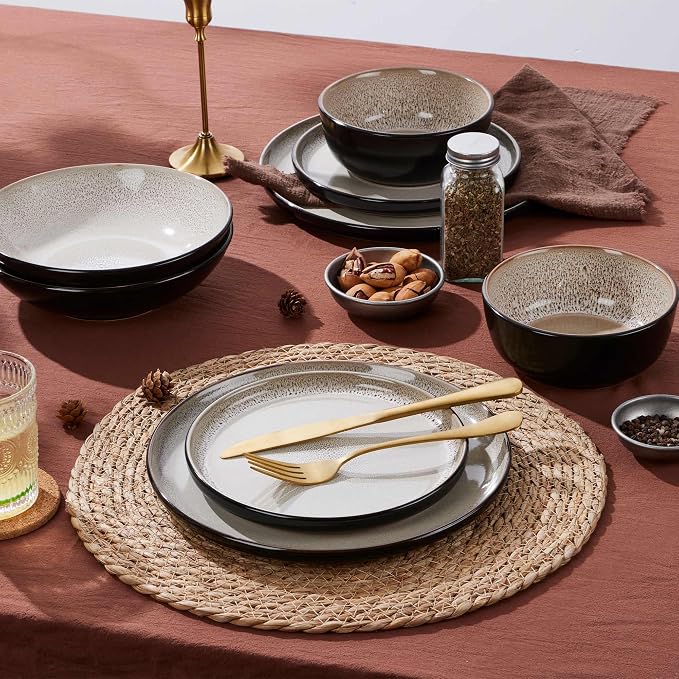 LIANYU Porcelain Dinnerware Sets, 12 Piece Ceramic Plates and Bowls for 4, Dishwasher & Microwave Safe Stoneware Dishes Set, Chip and Scratch Resistant Kitchen Dishware Set, Tidal Khaki