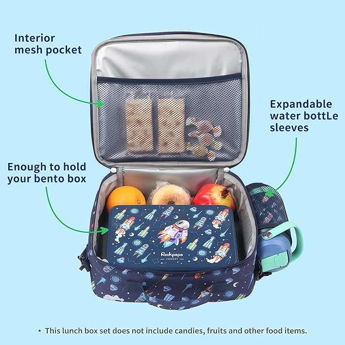 rockpapa Kids Lunch Box Set with 14oz Insulated Water Bottle & Lunch Bag, Leakproof 5.5 Cups Bento Box for School & Children, BPA-Free, Microwave Safe for Boys Girls (Blue Rocket)