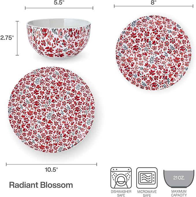 Pfaltzgraff Radiant Blossom 12 Piece Floral Stoneware Dinnerware Plate Bowl Dish Set, Service for 4, Red