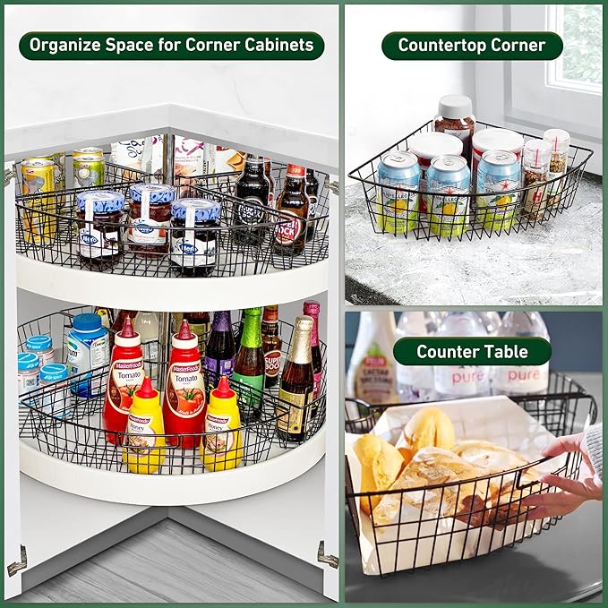 Leeden Lazy Susan Organizer Basket for 24" Diameter Turntable -Metal Organizing Storage Bins (2 Packs) - Black Kitchen Cabinet Storage Organizer - 1/4 Wedge Can Organizer