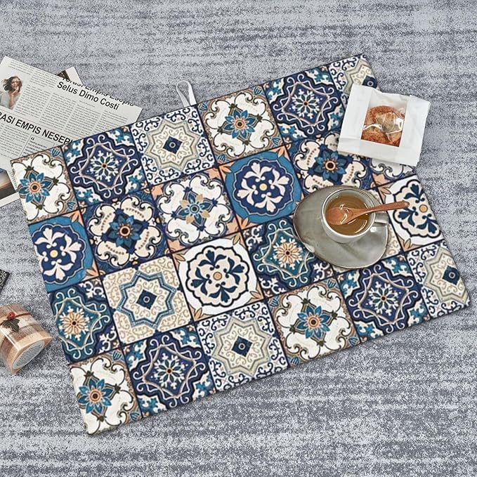 2Pcs Dish Drying Mats Faucet Mats Sets Large Size Coffee Mats Sink Faucet Mat Splash Guard for Kitchen Counter Bathroom Sink Coffee Bar Kitchen Decor (Blue Boho, 18"x24" 15" x 5.5"Set)
