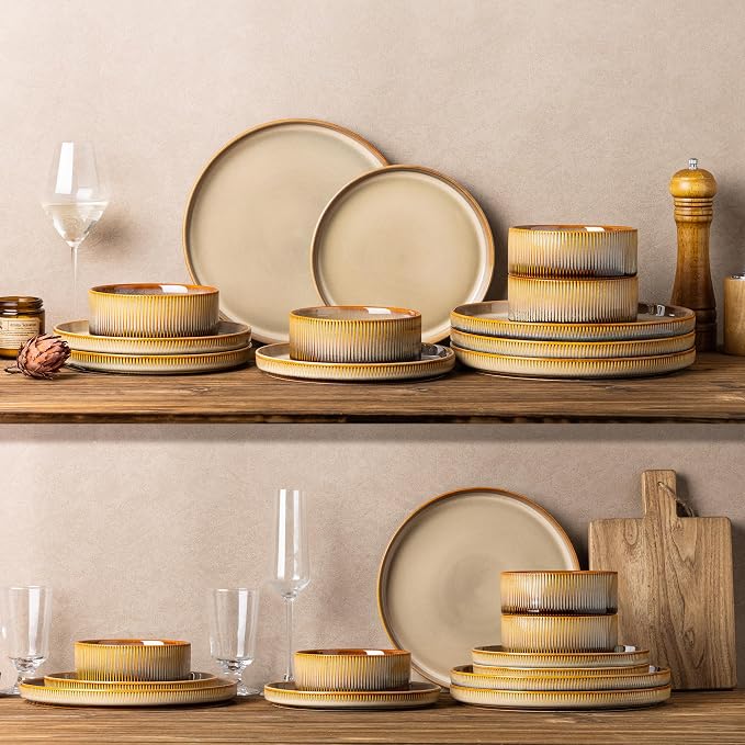 TheTerra Ceramic Dinnerware Sets for 6, 18 Pieces Porcelain Lightweight Plates and Bowls Sets, Scratch Resistant Dish Set, Oven & Microwave & Dishwasher Safe, Creamy Amber