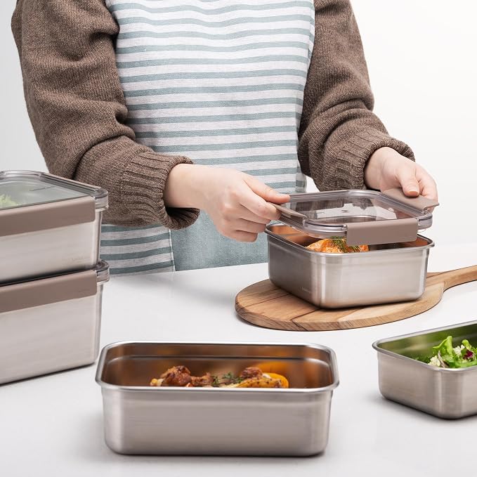 LocknLock Stainless Steel Food Storage Containers with Lids, Metal Lunch Boxes, Leak-Proof, Microwave, Freezer and Dishwasher Safe, 3-Piece Set, 1 x 520ml and 1 x 1500ml and 1 x 2800ml