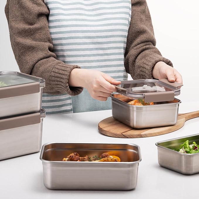 LocknLock Stainless Steel Food Storage Containers with Lids, Metal Lunch Boxes, Leak-Proof, Microwave, Freezer and Dishwasher Safe, 3-Piece Set, 1 x 310ml and 1 x 1000ml and 1 x 2000ml