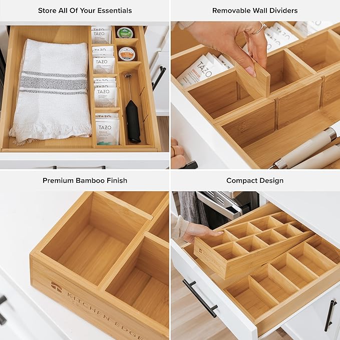 KitchenEdge Premium Tea Bags and Coffee Pods Drawer Organizer – Small 9-Compartment Design with Removable Wall Inserts, Non-Slip Feet, 100% Sustainable Bamboo