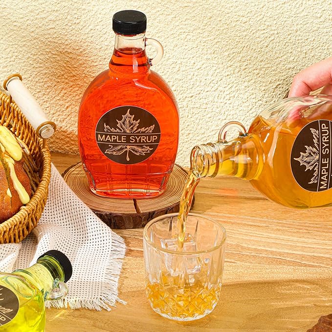 FoldTier 12 Pcs 5 oz Glass Maple Syrup Bottles Clear Reusable Glass Bottles with Lids Loop Handle and Maple Syrup Stickers Jars Container for Milk Potion Juice Sauce Oil Storage Gift(Stylish)