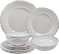 Farmhouse Melamine Dinnerware Sets,12 Pieces Dishes Dinnerware Set,Service for 4 Lightweight Kitchen Plates and Bowls Sets, Great for Casual dining and Outdoor Parties Camping or RVs, White