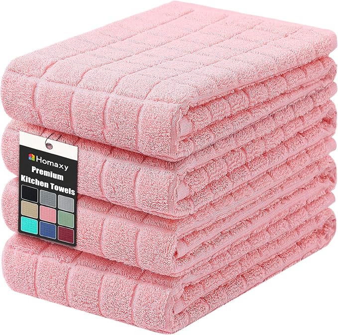 Homaxy Premium Cotton Kitchen Towels 16"x 28", Large Natural Ring Spun 390 GSM Dish Towels, Super Absorbent Terry Kitchen Hand Towels, Soft Tea Towels with Hanging Loop, Pure Pink Check Design, 4 Pack