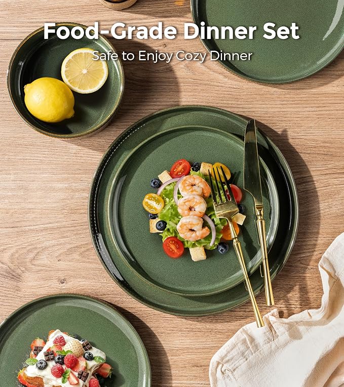 GBHOME Stoneware Dinnerware Sets for 4, 12 Pieces Lightweight Ceramic Ribbed Plates and Bowls Set, Reactive Glaze Stackable Plate Sets, Scratch Resistant Dishes, Microwave & Dishwasher Safe,Sage Green
