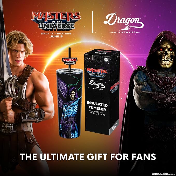 Dragon Glassware x Masters of the Universe (MOTU) Vacuum Insulated Stainless Steel Tumbler - 24 oz with Straw Charm - Official 2026 Movie Merch - Skeletor
